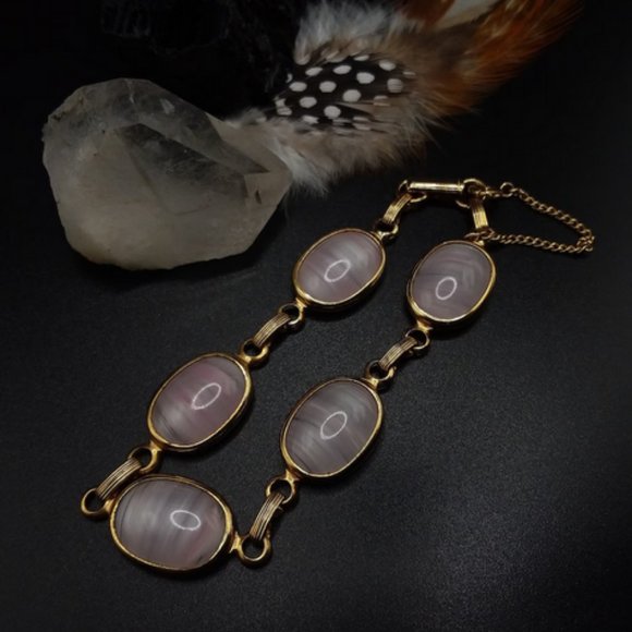 PINK Panel Bracelet | Signed | Beautiful Light Pink Glass, Fine Vintage Fashion - Picture 4 of 9